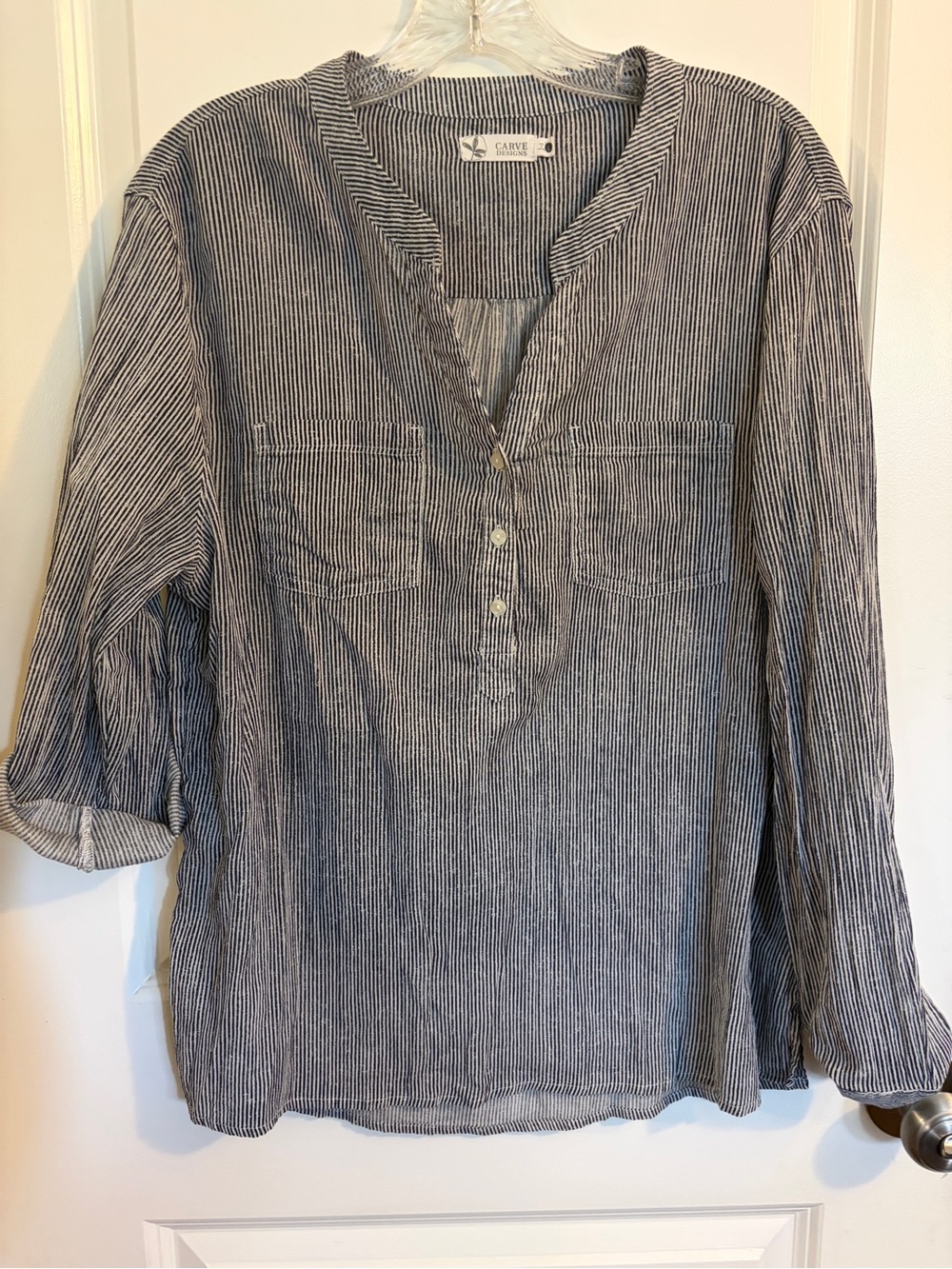 Carve Designs Navy and White Pinstripe Linen Henley Tunic